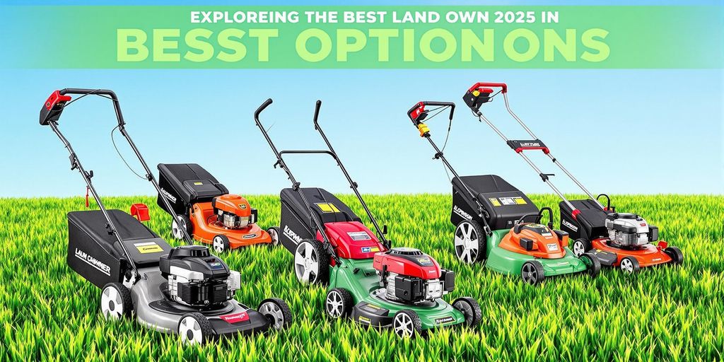 Colorful manual lawn mowers on green grass.